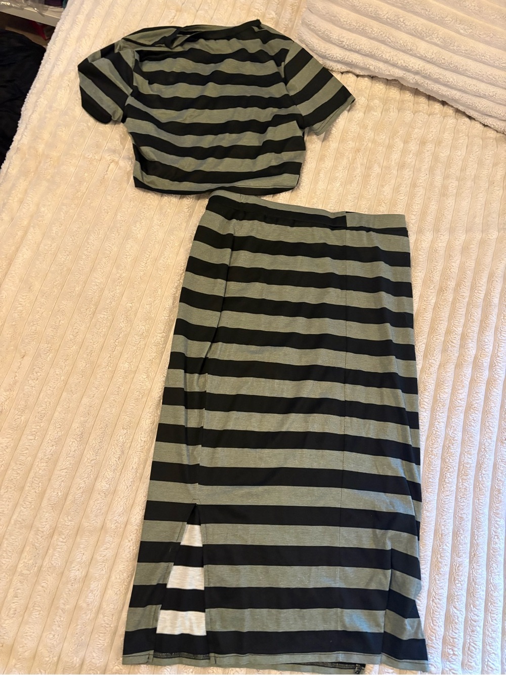 SHEIN Black and Olive Striped Maxi Skirt Two-Piece Set